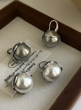 LJW 小众设计金属耳扣大珍珠耳环法式复古轻奢高级感通勤白灰耳饰