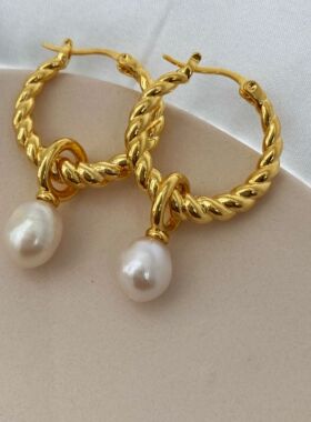 LJW 复古巴洛克麻花扭纹珍珠耳环法式复古风圈圈可拆卸气质耳钉女