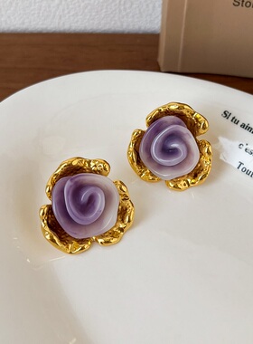 LJW 法式复古紫色玫瑰花朵金边耳钉高级感小众设计轻奢耳饰耳环女