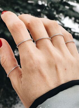 叠戴巨能搭皓石指环欧美风整圈满钻超闪小排钻18K戒指极简素圈戒