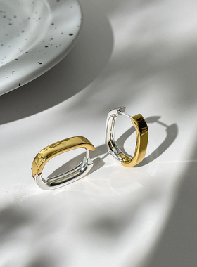 LJW 法式极简风长方形金银双色拼接几何设计感耳环耳圈女百搭休闲