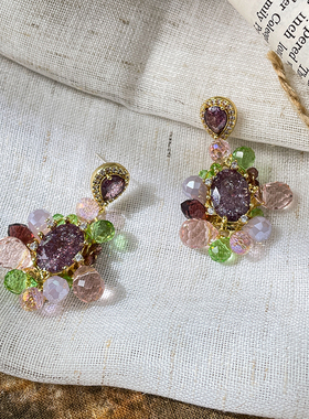 LJW 法式复古重工紫色幻彩流光莫奈花园手工制作水晶款银针耳环女