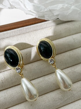 LJW 法式复古高级感黑色水滴珍珠耳环耳钉赫本风小众设计气质耳饰