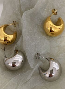 LJW 宋慧乔同款金球半圆粗c形空心ins极简不规则球体耳钉时髦耳环