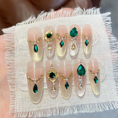 纯手工穿戴甲高级感美甲贴片成品假指甲可拆卸宝石绿