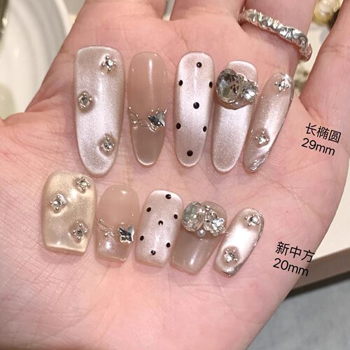 法式美甲纯手工新款猫眼波点闪钻短款显白轻奢穿戴甲长款高级感