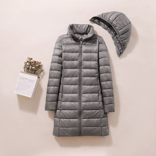 2025秋冬轻薄羽绒服女中长款修身显瘦连帽脱卸帽轻便薄款外套大码