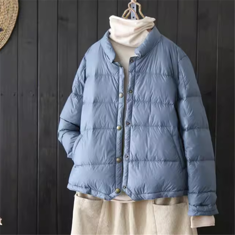 反季清仓轻薄款羽绒服女短款小个子文艺简约白鸭绒黑色立领外套潮