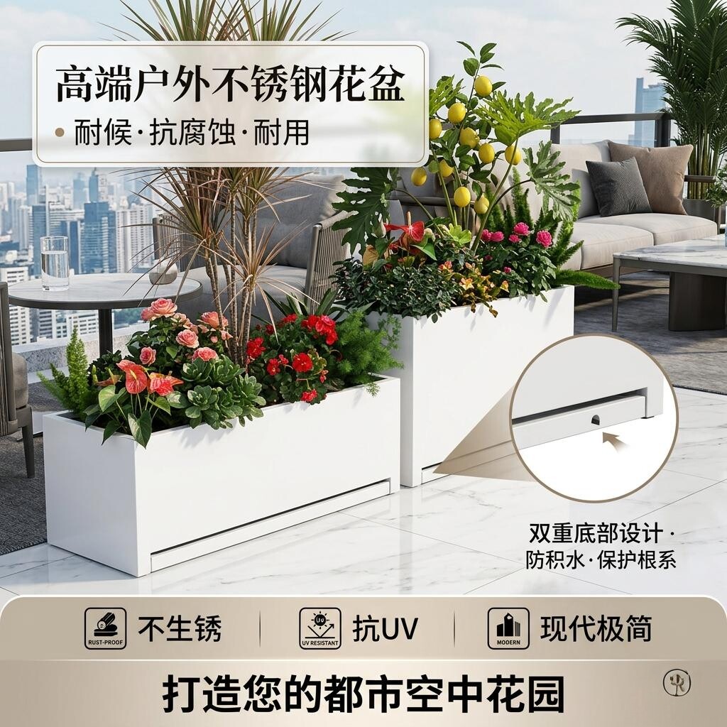 不锈钢花箱阳台天台室内花箱组合露台庭院外摆接水盘花箱支持定制图片