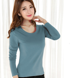纯棉春秋冬薄款 浅蓝打底衫 内搭修身 2023新款 纯色黑色秋衣 女长袖