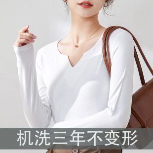 修身 时尚 秋冬内搭黑色秋衣2023新款 女长袖 t恤白色 纯棉小v领打底衫