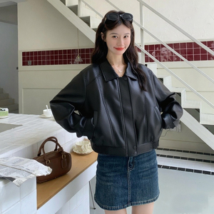 时尚短款咖色翻领皮衣外套女春秋2025新款减龄甜酷风PU夹克设计感图片