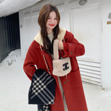 红色针织连帽撞色毛呢羽绒服女冬超火好看高级感保暖加厚大衣外套，女装毛呢外套，2C013