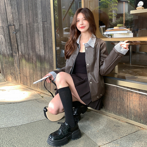 条纹衬衫领PU皮衣短外套女2025春秋季新款新款显瘦假两件夹克上衣图片