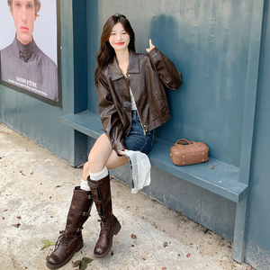 时尚短款咖色翻领皮衣外套女春秋2025新款减龄甜酷风PU夹克设计感图片
