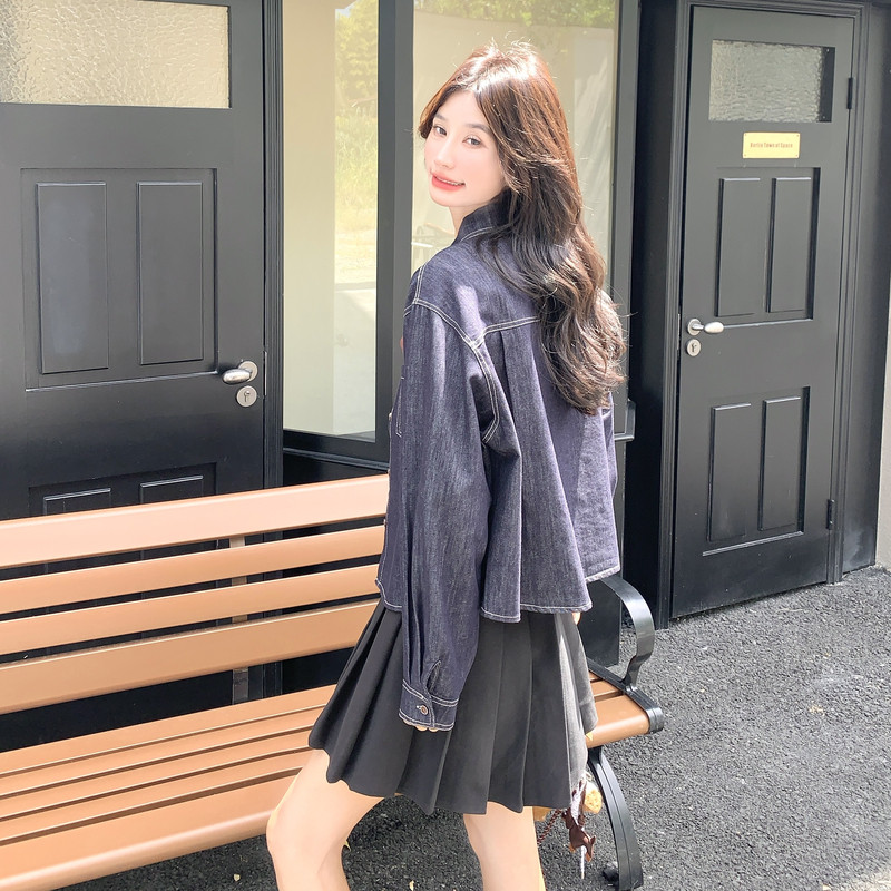 复古美式短款牛仔外套女春秋超火好看高级小众气质感宽松减龄外套,女装套装/套裙,2C013