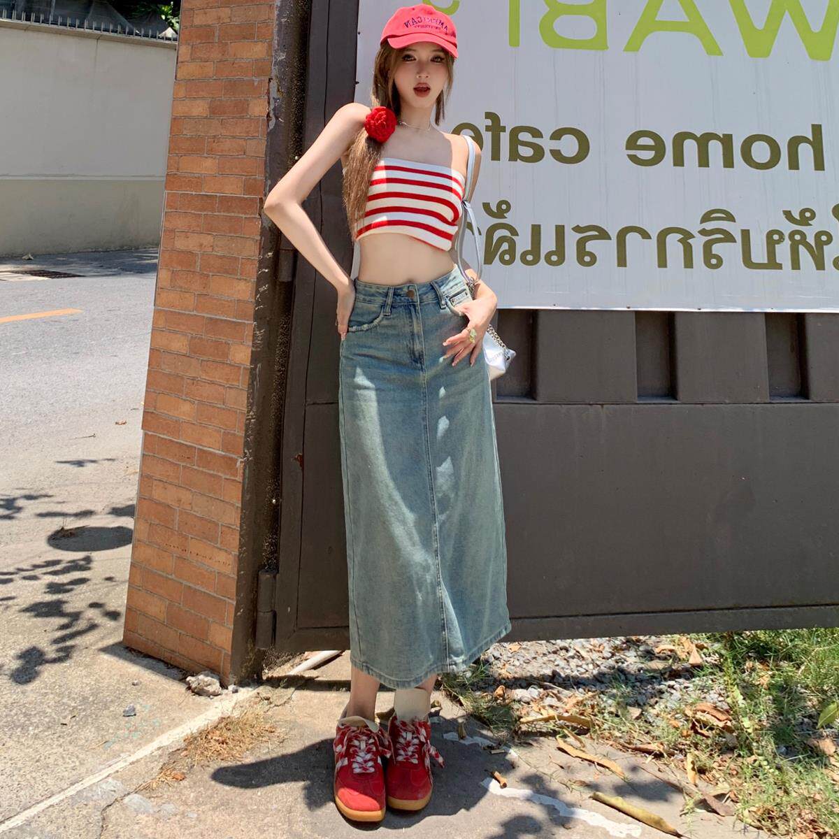 高腰开叉破洞牛仔半身裙女202半身裙