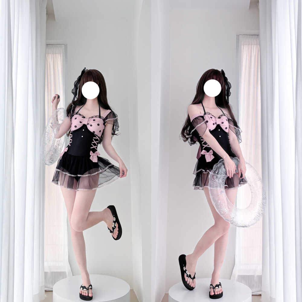 蝴蝶结女连体泳衣黑色波点