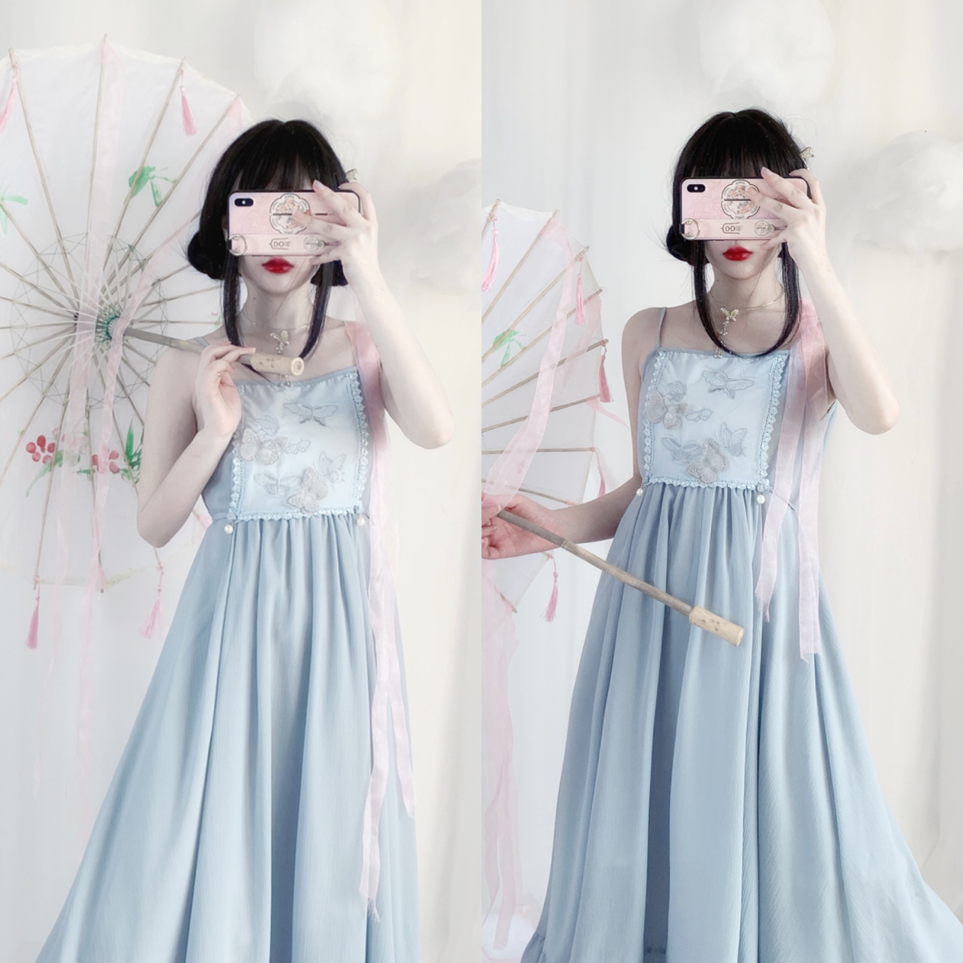 汉元素沧海森系蝴蝶刺绣连衣长裙