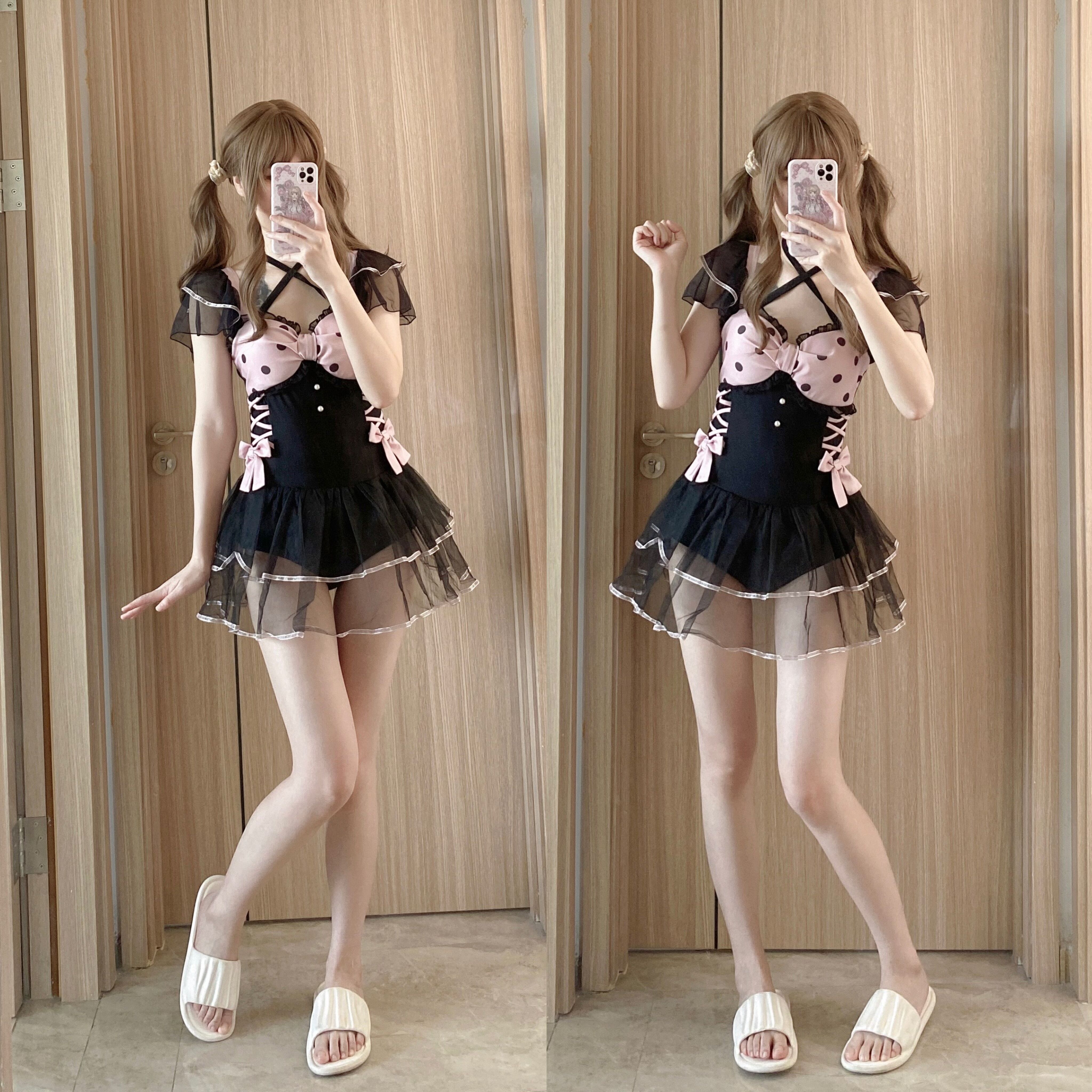 蝴蝶结女连体泳衣可爱一套