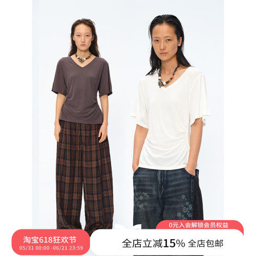 后背抽褶V领收腰显瘦短袖T恤