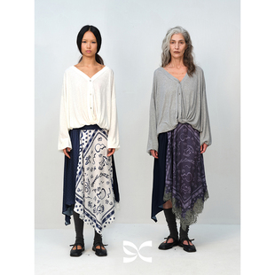 SQUARE 方圆醋酸原创碎花印花拼接蕾丝不规则下摆丝巾半裙 CIRCLE