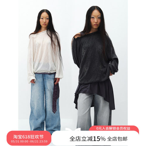 SQUARE CIRCLE 方圆木耳边斜肩一字领烫钻微透慵懒堆感羊毛毛衣