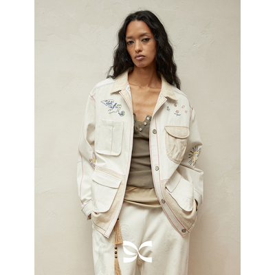 SQUARE CIRCLE 方圆亚麻原创设计海洋绣花蕾丝拼合翻领夹克外套