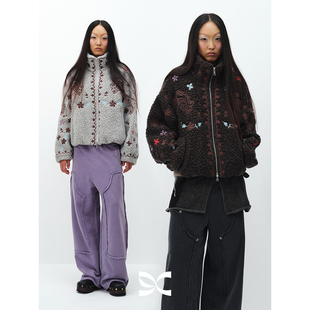 SQUARE 方圆花纹刺绣立领复古时髦羊羔绒摇粒绒保暖外套 CIRCLE