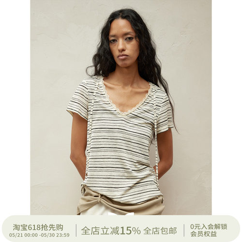 SQUARE CIRCLE 方圆V领蕾丝拼接撞色条纹串珠系带收腰休闲短袖T恤