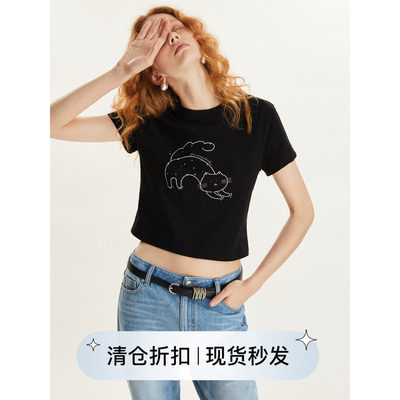 烫钻原创猫咪刺绣图案T恤