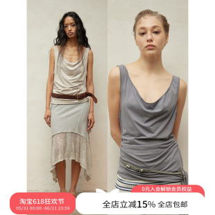 【yigenana同款】方圆设计感抽褶荷叶边下摆开衩毛边背心无袖T恤