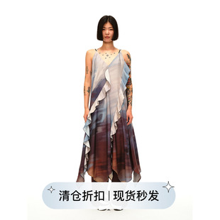 square 吊带内搭连衣裙 circle方圆不规则气质荷叶边印花晕染长款