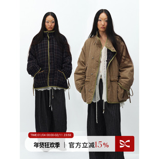 SQUARE CIRCLE 方圆设计感正反两穿复古工装格纹宽松时髦棉服外套