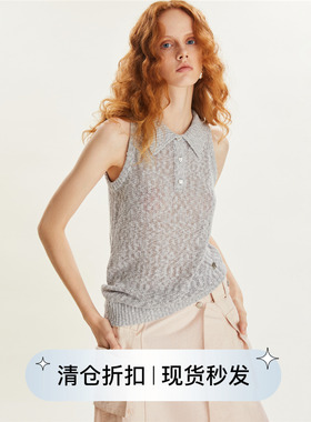 square circle方圆亚麻手感镂空针织polo短袖上衣浅灰色薄款上衣