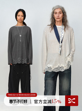 SQUARE CIRCLE 方圆亚麻经典条纹蕾丝拼接系绳百搭休闲长袖T恤