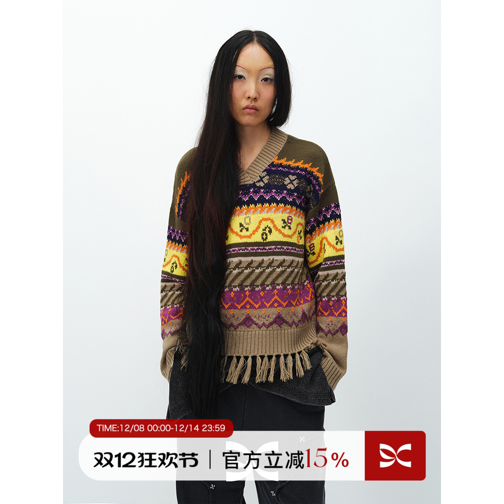 SQUARE CIRCLE 方圆羊毛V领费尔岛提花宽松休闲叠搭长袖毛衣
