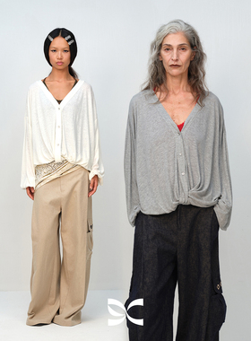 SQUARE CIRCLE 方圆亚麻V领扭结堆感设计防晒长袖罩衫T恤