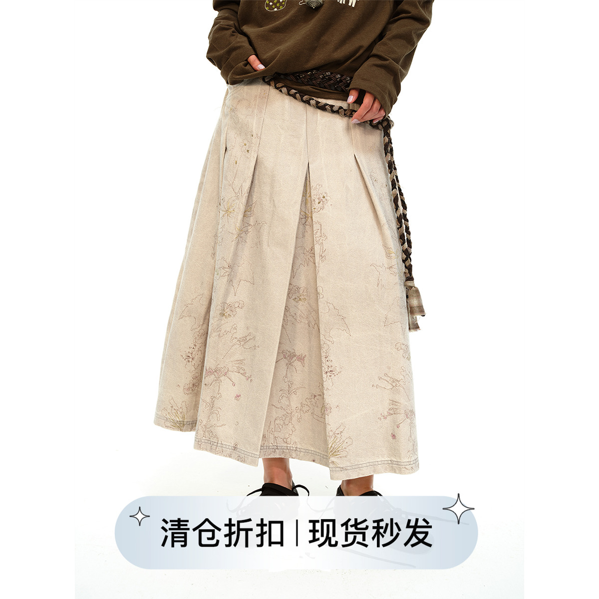 设计感纯棉牛仔a字百褶半身裙