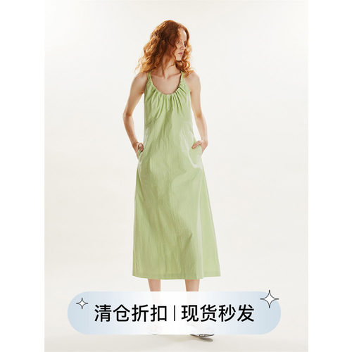 日苹果绿抽皱绑带法式连衣裙