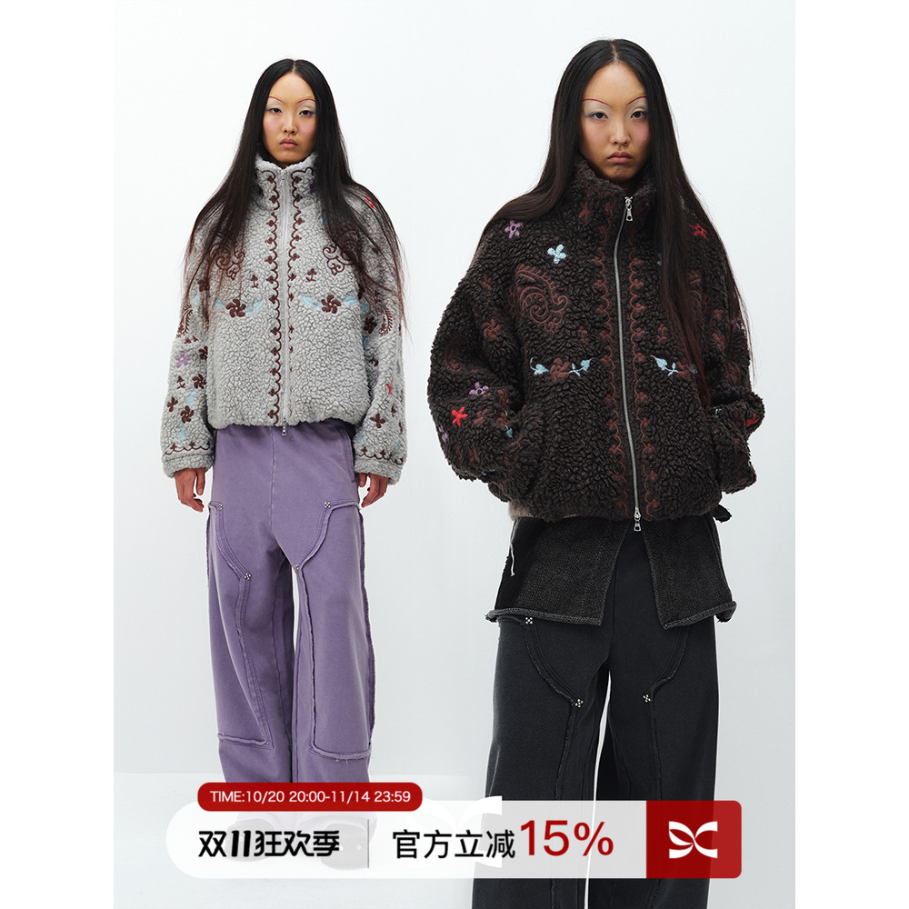 SQUARE CIRCLE 方圆花纹刺绣立领复古时髦羊羔绒摇粒绒保暖外套