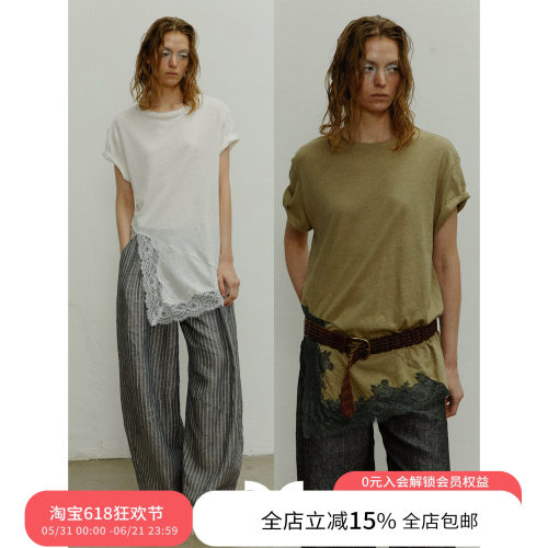 SQUARE CIRCLE方圆亚麻不规则三角下摆拼蕾丝屁帘休闲短袖T恤上衣
