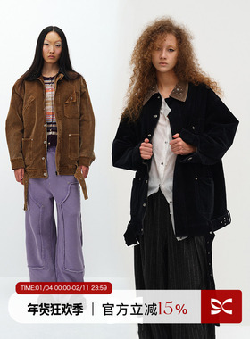 SQUARE CIRCLE 方圆设计感铆钉做旧灯芯绒翻领工装夹克棉服外套