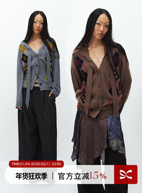 SQUARE CIRCLE 方圆羊毛复古格纹菱格V领穿绳飘带慵懒感毛衣开衫