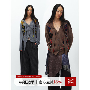 SQUARE CIRCLE 方圆羊毛复古格纹菱格V领穿绳飘带慵懒感毛衣开衫