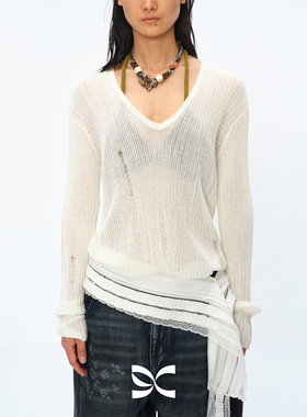 Square Circle 方圆设计感深V不规则镂空毛边长袖白色针织衫