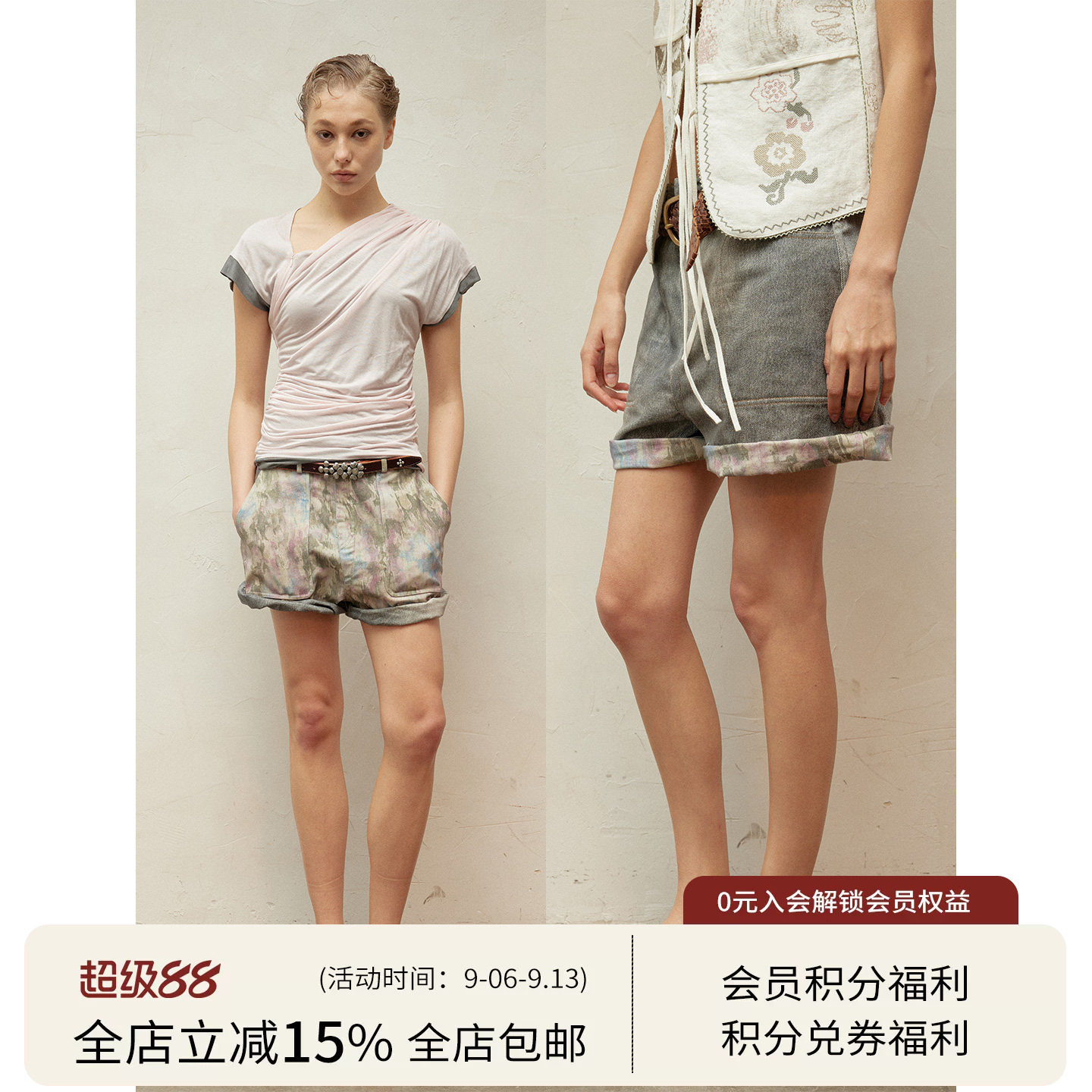 SQUARE CIRCLE 方圆春夏复古晕染印花两面穿高腰卷边慵懒花苞短裤图片