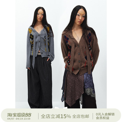 SQUARE CIRCLE 方圆羊毛复古格纹菱格V领穿绳飘带慵懒感毛衣开衫