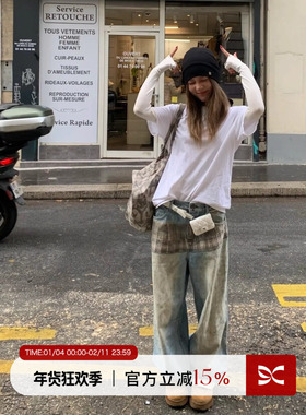 SQUARE CIRCLE 方圆3D立体裙摆印花街头复古做旧宽松牛仔裤长裤