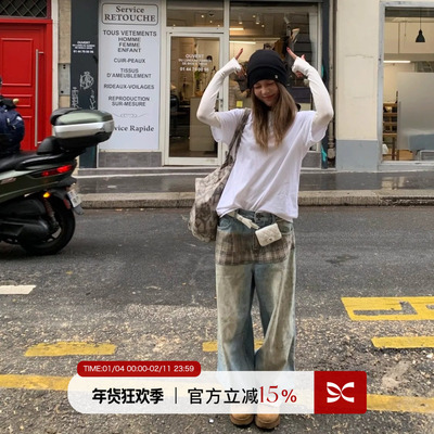 SQUARE CIRCLE 方圆3D立体裙摆印花街头复古做旧宽松牛仔裤长裤